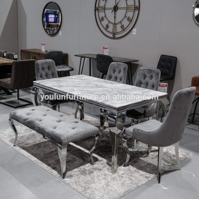 Modern Real Marble Stone Rectangle Dining Tables And 6 Chairs Set