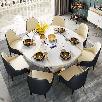 Storage Function Flexible Extendable Modern Luxury Round Dining Tables And 6 Chairs Sets With Induction Cooker